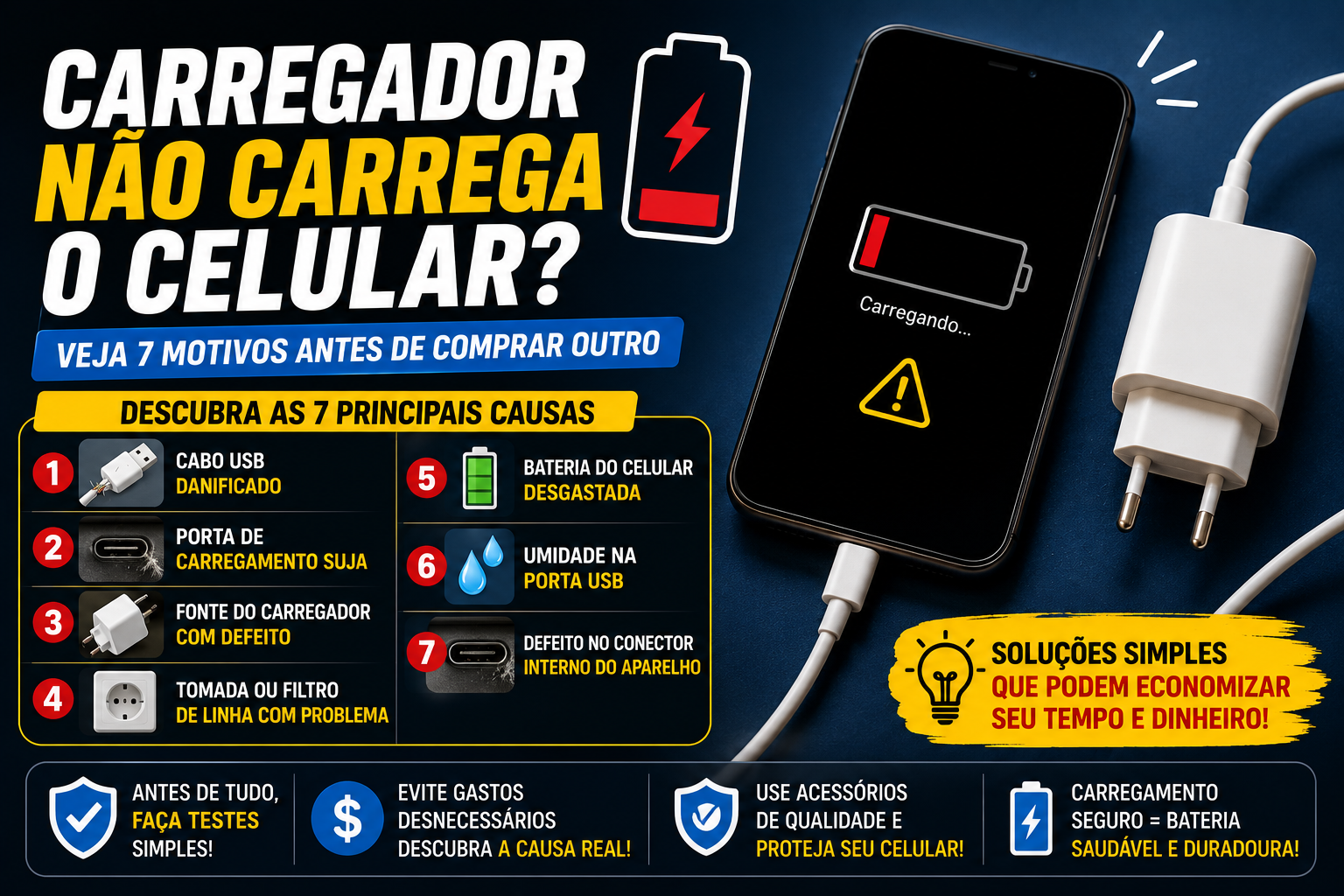 carregador não carrega o celular