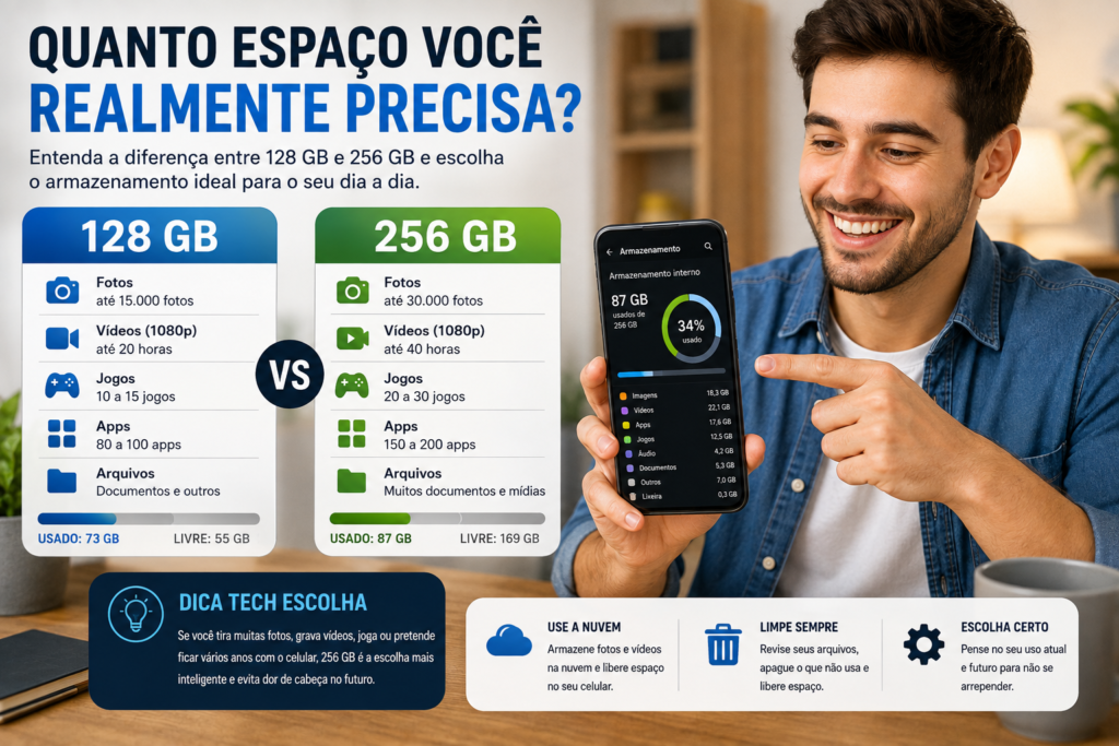 Celular com 128 GB ou 256 GB
